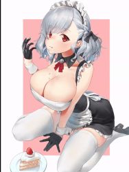 Rule 34 | 1girl, alternate costume, animated, animated gif, bare shoulders, black gloves, bouncing breasts, breasts, cake, cleavage, enmaided, food, fruit, girls&#039; frontline, gloves, huge breasts, huge filesize, long hair, looking at viewer, maid, parted lips, red eyes, silver hair, skindentation, skirt, solo, spas-12 (girls&#039; frontline), strawberry, thighhighs, thighs, urrrt, white thighhighs