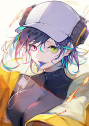 Rule 34 | 1girl, :d, absurdres, arknights, asbestos (arknights), baseball cap, blue hair, blue tongue, breasts, colored tongue, commentary, fangs, fanshu, female focus, green eyes, hair between eyes, hat, heterochromia, highres, jacket, large breasts, looking at viewer, multicolored hair, open clothes, open jacket, open mouth, pink eyes, purple hair, short hair, simple background, smile, solo, streaked hair, tongue, tongue out, upper body, white background, white hat, yellow jacket