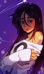 Rule 34 | 1girl, 88 (vashperado), borrowed character, clothes writing, commentary, english commentary, hair between eyes, hat, helixel, highres, holding own arm, long hair, looking at viewer, off-shoulder sweater, off shoulder, original, solo, star (symbol), starry background, sweater, thick eyebrows, white sweater