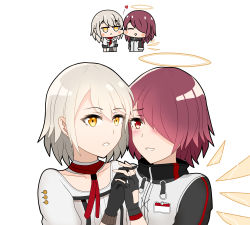 Rule 34 | 2girls, absurdres, arknights, black gloves, blush, blush stickers, cheek-to-cheek, chibi, collarbone, commentary, crossover, english commentary, exusiai (arknights), fingerless gloves, girls&#039; frontline, gloves, hair over one eye, halo, heads together, heart, highres, holding hands, interlocked fingers, jacket, looking at viewer, multiple girls, red eyes, red hair, rzv, short hair, short sleeves, silver hair, simple background, smile, vector (girls&#039; frontline), white background, wings, yellow eyes