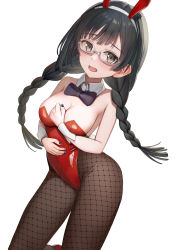 Rule 34 | 1girl, absurdres, animal ears, black hair, black pantyhose, bow, bowtie, braid, breasts, cleavage, commentary request, contrapposto, detached collar, fake animal ears, fishnet pantyhose, fishnets, glasses, grey eyes, highres, leotard, long hair, looking at viewer, love live!, love live! nijigasaki high school idol club, low twintails, medium breasts, \n/, nail polish, nakagawa nana, one eye closed, pantyhose, playboy bunny, rabbit ears, rabbit tail, red leotard, semi-rimless eyewear, simple background, solo, standing, strapless, strapless leotard, sunga2usagi, swept bangs, tail, twin braids, twintails, v, white background, wrist cuffs, yuki setsuna (love live!)
