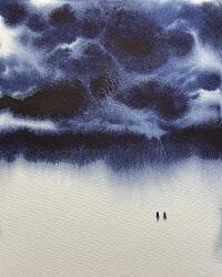 Rule 34 | 2others, cloud, cloudy sky, dark clouds, fog, highres, mouen tw, multiple others, original, painting (medium), sky, snow, storm, thunder, traditional media, watercolor (medium), white background