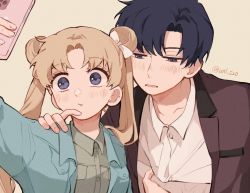 Rule 34 | 1boy, 1girl, beige background, bishoujo senshi sailor moon, blonde hair, blue eyes, bow, cellphone, chiba mamoru, collared shirt, double bun, finger to another&#039;s mouth, group picture, hair bow, hair bun, half-closed eyes, hand on another&#039;s shoulder, highres, layered clothes, long hair, looking at phone, parted bangs, phone, shirt, simple background, smartphone, taking picture, tsukino usagi, twintails, twitter username, upper body