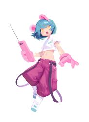 Rule 34 | 1girl, animal ears, baggy pants, blue hair, charles (106858), commentary, copyright request, crop top, full body, gloves, highres, light blue hair, midriff, mouse ears, mouse girl, multicolored eyes, orange eyes, pants, pink gloves, shirt, solo, star (symbol), star tattoo, symbol-only commentary, tagme, tattoo, teeth, upper teeth only, walkie-talkie, white background, white shirt, yellow eyes