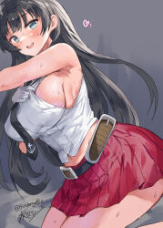 Rule 34 | 1girl, agano (kancolle), bare arms, bare shoulders, belt, black hair, black necktie, black sailor collar, blush, breasts, clothes lift, commentary request, curvy, gloves, green eyes, highres, kantai collection, kneeling, large breasts, long hair, looking at viewer, midriff, mizuta kenji, necktie, open mouth, pleated skirt, red skirt, sailor collar, school uniform, serafuku, shirt, shirt lift, sideboob, signature, skirt, sleeveless, sleeveless shirt, smile, solo, sweat, twitter username, very sweaty, white gloves