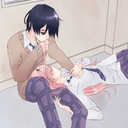 Rule 34 | 10s, 1boy, 1girl, black hair, blazer, blue eyes, blush, brown jacket, closed eyes, collared shirt, commentary request, couple, darling in the franxx, hair ornament, hair over one eye, hairband, hand on another&#039;s chest, hand on another&#039;s leg, hand up, hetero, hiro (darling in the franxx), holding another&#039;s hair, holding hands, horns, jacket, long hair, long sleeves, looking at another, lying, lying on lap, lying on person, necktie, on back, oni horns, pants, pink hair, plaid, plaid pants, plaid skirt, purple pants, purple skirt, red horns, sakuragouti, school uniform, shirt, sitting, skirt, sleeping, sleeping on person, striped neckwear, white hairband, white shirt, wing collar, zero two (darling in the franxx)
