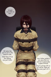 Rule 34 | 1girl, bound, chair, female focus, gag, hazh, imminent rape, purple eyes, purple hair, rope, short hair, simple background, snk, solo, the king of fighters, tied up, translated, uniform, whip (kof)