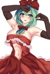 Rule 34 | 1girl, alternate costume, armpits, arms up, bare shoulders, black gloves, blush, bow, breasts, cleavage, clothing cutout, dress, elbow gloves, frilled dress, frills, front ponytail, gloves, green eyes, green hair, hair between eyes, hair bow, hair ribbon, kaeranu kaeru, kagiyama hina, large breasts, long dress, long hair, looking at viewer, medium hair, navel, navel cutout, open mouth, red bow, red dress, ribbon, simple background, solo, strapless, strapless dress, touhou, underboob, upper body, white background