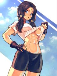 Rule 34 | 1girl, abs, babusgames, bike shorts, black hair, blue eyes, blue sky, cameltoe, clothes lift, commentary, dragon ball, dragonball z, english commentary, fingerless gloves, gloves, hand on own hip, highres, low twintails, muscular, muscular female, navel, nipples, no bra, one breast out, open mouth, revision, shirt lift, sky, solo, stomach, sunlight, sweat, twintails, videl
