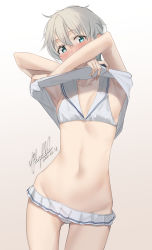 Rule 34 | 1girl, absurdres, bikini, bikini skirt, blue eyes, blush, breasts, clothes lift, cowboy shot, dated, frilled skirt, frills, gluteal fold, gradient background, hair between eyes, highres, kantai collection, lifting own clothes, looking at viewer, lowleg, lowleg bikini, microskirt, navel, one-hour drawing challenge, pallad, pleated skirt, sailor bikini, sailor collar, shirt lift, short hair, signature, skirt, small breasts, solo, swimsuit, undressing, white background, white bikini, white hair, white sailor collar, z1 leberecht maass (kancolle)