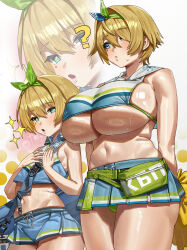 +_+ 2girls :o ? absurdres blonde_hair blue_eyes blush breast_envy breasts cheerleader closed_mouth commentary_request crop_top cuffs dual_persona feipin_zhanshi girls&#039;_frontline green_panties handcuffs highres holding holding_handcuffs holding_pom_poms huge_breasts looking_at_viewer microskirt midriff mole mole_under_eye multiple_girls navel official_alternate_costume panties pom_pom_(cheerleading) pom_poms short_hair skirt small_breasts sparkle sparkling_aura stomach sweat thick_thighs thighs underboob underwear vsk-94_(dance_like_the_blazing_sun)_(girls&#039;_frontline) vsk-94_(girls&#039;_frontline)