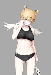 Rule 34 | 1girl, abs, absurdres, animal ear fluff, animal ears, arm at side, bare arms, bare shoulders, black bra, black panties, blonde hair, bra, breasts, collarbone, deku suke, extra ears, frown, gradient hair, grey background, hair between eyes, highres, kemono friends, large breasts, leopard (kemono friends), looking at viewer, low twintails, multicolored hair, navel, panties, simple background, solo, sports bra, stomach, tail, toned, twintails, underwear, underwear only, v-shaped eyebrows, white hair, yellow eyes
