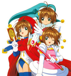 Rule 34 | absurdres, blue thighhighs, brown hair, cape, card, cardcaptor sakura, closed mouth, clow card, gloves, green eyes, highres, kinomoto sakura, legs, official art, one eye closed, open mouth, red cape, short hair, simple background, thighhighs, thighs, variations, white background, white gloves