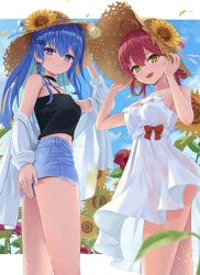 Rule 34 | 2girls, absurdres, ahoge, alternate costume, aqua hair, asakura (asa t77), black camisole, blue hair, camisole, closed mouth, colored inner hair, commentary request, denim, denim shorts, dress, empire waist, feet out of frame, field, flower, flower field, flower hat, hair ornament, hairclip, hand on headwear, hat, highres, hololive, hoshimachi suisei, long hair, looking at viewer, multicolored hair, multiple girls, pink hair, sakura miko, see-through, see-through dress, see-through silhouette, shorts, smile, spaghetti strap, straw hat, sun hat, sundress, sunflower, sunflower field, virtual youtuber, white dress