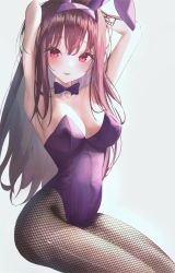 Rule 34 | 1girl, animal ears, armpits, arms behind head, arms up, bare shoulders, blush, breasts, cleavage, detached collar, fake animal ears, fate/grand order, fate (series), fishnet pantyhose, fishnets, hair between eyes, highleg, highleg leotard, highres, large breasts, leotard, long hair, looking at viewer, merryj, official alternate costume, pantyhose, playboy bunny, purple hair, purple leotard, rabbit ears, red eyes, scathach (fate), scathach (piercing bunny) (fate), solo, thighs, wrist cuffs