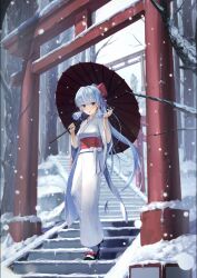 Rule 34 | 1girl, :o, absurdres, alternate costume, ayaka (genshin impact), black footwear, blue eyes, blue hair, blush, bow, commentary, day, genshin impact, hands up, high ponytail, highres, holding, holding umbrella, japanese clothes, kimono, light blue hair, long hair, looking at viewer, nemesiss shido, obi, oil-paper umbrella, outdoors, red bow, red umbrella, sash, snow, snowing, solo, stairs, standing, torii, umbrella, very long hair, white kimono