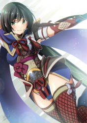 Rule 34 | &gt;:), 1girl, armor, armored dress, azuma yuki, black hair, blue dress, blush, breasts, character request, closed mouth, dated, dress, fishnet thighhighs, fishnets, green eyes, hair between eyes, highres, medium breasts, monster hunter (series), monster hunter rise, outstretched arm, pelvic curtain, red thighhighs, short hair, signature, smile, solo, thighhighs, v-shaped eyebrows