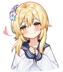 1girl blonde_hair blush chromatic_aberration closed_mouth commentary_request flower from_side frown genshin_impact hair_between_eyes hair_flower hair_ornament hue_oo korean_commentary long_sleeves looking_at_viewer looking_to_the_side lumine_(genshin_impact) school_uniform serafuku short_hair short_hair_with_long_locks sidelocks simple_background smile solo white_background yellow_eyes