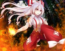 Rule 34 | 1girl, bad id, bad twitter id, bamboo, bamboo forest, bow, breasts, brown footwear, commentary request, embers, fire, floating hair, forest, fujiwara no mokou, full moon, hair between eyes, hair bow, highres, long hair, medium breasts, moon, musteflott419, nature, night, night sky, ofuda, on one knee, pants, parted lips, ponytail, red eyes, red pants, shirt, shoes, short sleeves, silver hair, sky, solo, suspenders, torn clothes, torn sleeves, touhou, very long hair, white bow, white shirt, wing collar