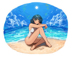 Rule 34 | 1girl, barefoot, beach, breasts, byleth (female) (fire emblem), byleth (fire emblem), chocojax, feet, fire emblem, fire emblem: three houses, green eyes, green hair, highres, intelligent systems, looking at viewer, medium breasts, medium hair, nintendo, one-piece swimsuit, smile, solo, swimsuit, toes