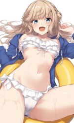 1girl bikini blonde_hair blue_eyes blue_hoodie blush breasts frilled_bikini frills highres hood hoodie jacket kantai_collection lifebuoy long_hair looking_at_viewer medium_breasts mochimugi_pilaf_(cocka_mkv) open_clothes open_jacket open_mouth ranger_(kancolle) simple_background smile solo stomach swim_ring swimsuit wet white_background white_bikini