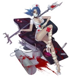 Rule 34 | 1girl, bandages, blood, blue hair, breasts, chair, choker, cleavage, creepy, dante m, gloves, hat, latex, latex gloves, mouth mask, nurse, nurse cap, red eyes, skullgirls, solo, surgical mask, transparent background, valentine (skullgirls)