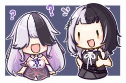 Rule 34 | 2girls, ?, black dress, black hair, chest jewel, chibi, colored inner hair, commentary, dress, english commentary, gem, grey hair, hair ornament, hair over eyes, highres, hololive, hololive english, koseki bijou, long hair, moon ldl, multicolored hair, multiple girls, open mouth, pink hair, shiori novella, smile, split-color hair, thumbs up, two-tone hair, very long hair, virtual youtuber, white dress, yellow eyes