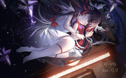 Rule 34 | 1girl, bare shoulders, black hair, blurry, closed eyes, closed mouth, columbina (genshin impact), crescent, depth of field, dress, eye mask, facing viewer, fetal position, genshin impact, grand piano, head wings, highres, instrument, lying, miaogujun, multicolored hair, on side, piano, red hair, sleeveless, sleeveless dress, smile, socks, solo, streaked hair, two-tone hair, white dress, white mask, white socks, wings