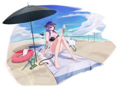 Rule 34 | 1girl, absurdres, arknights, arm support, bare legs, bare shoulders, barefoot, beach, beach towel, beach umbrella, bikini, black bikini, black nails, blue eyes, blue hair, blue sky, breasts, brown-tinted eyewear, chinese commentary, cleavage, cloud, commentary request, cup, day, drinking glass, fenglai thewind, halo, hand up, highres, holding, holding cup, horns, huge filesize, innertube, knees together feet apart, knees up, long hair, looking at viewer, looking over eyewear, looking over glasses, medium breasts, mostima (arknights), nail polish, outdoors, sitting, sky, solo, sunglasses, swim ring, swimsuit, tail, thighs, tinted eyewear, toenail polish, toenails, towel, transparent background, umbrella