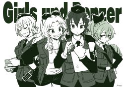 Rule 34 | 4girls, alternate hairstyle, anchovy (girls und panzer), braid, cup, darjeeling (girls und panzer), fingerless gloves, girls und panzer, gloves, highres, hone (honehone083), jacket, kay (girls und panzer), long hair, long sleeves, military, military uniform, multiple girls, nishizumi maho, one-hour drawing challenge, selection university military uniform, short hair, shorts, skirt, smile, teacup, translation request, uniform