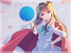 Rule 34 | 1girl, aqua neckerchief, blue dress, breast pocket, brown hair, cape, closed mouth, commentary, cowboy shot, crown, dress, english commentary, english text, falling petals, flag, fujishima megumi, fur-trimmed cape, fur trim, globe, gold crown, hand on own hip, hasu no sora school uniform, highres, holding, link! like! love live!, long hair, looking at viewer, love live!, macken, mini crown, neckerchief, petals, pleated dress, pocket, purple eyes, red cape, sailor collar, sailor dress, school uniform, smile, solo, split mouth, summer uniform, tilted headwear, two side up, virtual youtuber, white sailor collar