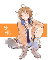 Rule 34 | 1girl, ahoge, assault lily, asymmetrical legwear, black necktie, black thighhighs, blue skirt, blush, brown cardigan, brown eyes, brown footwear, brown hair, cardigan, commentary request, dated, fingernails, full body, grin, hair between eyes, hand on own leg, happy birthday, headphones, headphones around neck, heart, highres, kawamura yuzuriha, knee up, lace, lace-trimmed skirt, lace trim, leg warmers, loafers, looking at viewer, loose necktie, miniskirt, necktie, nose blush, odaiba girls high school uniform, one eye closed, open cardigan, open clothes, orange background, santouka, school uniform, shirt, shoes, short hair, sitting, skirt, smile, solo, thighhighs, two-tone background, uneven legwear, v, white background, white shirt