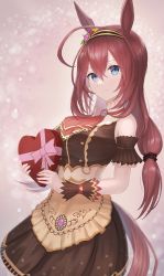 Rule 34 | 1girl, absurdres, ahoge, animal ears, apron, arm garter, black dress, blue eyes, box, breasts, brown dress, brown hair, closed mouth, dress, haimine, hair between eyes, hairband, heart-shaped box, highres, holding, holding box, horse ears, horse girl, horse tail, ascot, large breasts, light blush, long hair, looking at viewer, mihono bourbon (code:glassage) (umamusume), mihono bourbon (umamusume), official alternate costume, sleeveless, sleeveless dress, smile, solo, tail, umamusume, upper body, valentine, waist apron, wrist cuffs