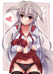 Rule 34 | 1girl, animal ears, black thighhighs, blush, bow, breasts, brown hair, cameltoe, cleavage, clothes lift, collarbone, fox ears, fox tail, heart, long hair, looking at viewer, open clothes, open shirt, original, panties, red eyes, shirt, skirt, skirt lift, solo, tail, tenchou no matsumoto, thighhighs, underwear, very long hair