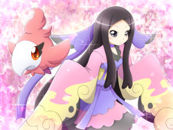 Rule 34 | 1girl, black eyes, black hair, blush, bow, bug, butterfly, choker, closed mouth, creatures (company), floral print, game freak, gen 6 pokemon, gu-rahamu omega x, gym leader, hair ornament, insect, japanese clothes, kimono, leaning forward, long hair, long sleeves, looking at viewer, nintendo, petals, pink bow, pokemon, pokemon (creature), pokemon xy, purple bow, sidelocks, smile, sparkle, spritzee, standing, v-neck, valerie (pokemon), very long hair, wide sleeves