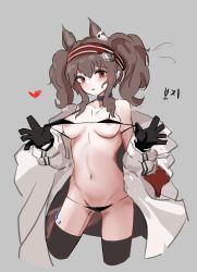 Rule 34 | 1girl, absurdres, angelina (arknights), animal ears, areola slip, arknights, black bra, black collar, black gloves, black panties, black thighhighs, blush, bra, bra pull, breasts, brown hair, clothes pull, collar, cowboy shot, cropped legs, earpiece, flying sweatdrops, fox ears, fox girl, gloves, grey background, hairband, hands up, heart, highres, infection monitor (arknights), jacket, korean text, long hair, long sleeves, looking at viewer, material growth, medium breasts, micro bra, micro panties, namsek, no pants, no shirt, off shoulder, open clothes, open jacket, oripathy lesion (arknights), panties, parted lips, red eyes, red hairband, simple background, solo, striped clothes, striped hairband, thighhighs, translation request, twintails, underwear, white jacket