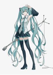 Rule 34 | 1girl, absurdres, aqua eyes, aqua hair, aqua necktie, arm up, bare shoulders, belt, black skirt, black sleeves, black thighhighs, boots, commentary, detached sleeves, expressionless, full body, grey shirt, hair ornament, hatsune miku, high heels, highres, holding, holding microphone stand, long hair, looking at viewer, mele ck, microphone, microphone cord, microphone stand, miniskirt, necktie, pleated skirt, shirt, shoulder tattoo, skirt, sleeveless, sleeveless shirt, solo, standing, tattoo, thigh boots, thighhighs, twintails, very long hair, vocaloid, w, zettai ryouiki