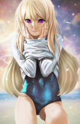 Rule 34 | 1girl, blonde hair, cameltoe, covered navel, hands on own cheeks, hands on own face, highres, long hair, one-piece swimsuit, original, purple eyes, robert knight, school swimsuit, smile, solo, standing, swimsuit, swimsuit under clothes, water