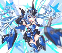 Rule 34 | 1girl, blue eyes, chibi, dated, floating hair, frame arms girl, heirou enterprise, highres, holding, holding weapon, long hair, mecha musume, science fiction, sheath, solo, stylet, thighhighs, twintails, unsheathing, v-shaped eyebrows, weapon