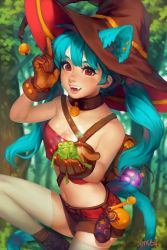 Rule 34 | 1girl, animal, animal ears, aqua hair, bag, bare shoulders, breasts, brown gloves, cat ears, cat tail, cleavage, collar, commentary, day, eyelashes, fangs, forest, freckles, frog, gloves, hat, highres, holding, holding animal, lips, long hair, manda schank, nature, original, red eyes, satchel, short shorts, shorts, small breasts, smile, solo, strapless, tail, tube top, twintails, witch hat