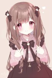 Rule 34 | 1girl, black bow, black skirt, blush, bow, brown background, brown eyes, brown hair, closed mouth, collared shirt, commentary, dress shirt, frilled shirt collar, frills, hair bow, hands up, heart, highres, holding, holding own hair, long hair, original, pink shirt, shiratama (shiratamaco), shirt, simple background, skirt, smile, solo, suspender skirt, suspenders, symbol-only commentary, two side up, very long hair