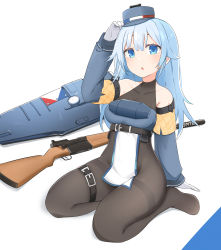 Rule 34 | 1girl, :0, absurdres, aircraft, airplane, airplane wing, black leotard, blue eyes, blue hair, breasts, daebom, french flag, gloves, gun, hat, highres, leotard, long hair, looking at viewer, medium breasts, on floor, on ground, open mouth, original, pantyhose, personification, sitting, solo, suppressor, weapon, white background, white gloves