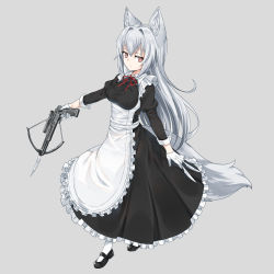 Rule 34 | 1girl, animal ear fluff, animal ears, apron, bayonet, between fingers, black footwear, bow (weapon), breasts, crossbow, fox ears, fox girl, fox tail, frilled apron, frills, gloves, grey background, holding, juliet sleeves, knife, long hair, long sleeves, maid, mary janes, medium breasts, nyifu, original, puffy sleeves, red eyes, scope, shoes, silver hair, simple background, solo, tail, underbust, very long hair, weapon, white gloves, white legwear