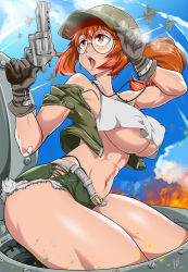 Rule 34 | 1girl, :o, abs, aircraft, airplane, areola slip, ass, bandaid, bare shoulders, baseball cap, bayeuxman, belt, breasts, cutoffs, fighter jet, fio germi, fire, from below, glasses, gloves, green shorts, gun, handgun, hat, hat tip, heart, heart necklace, heart pendant, highres, jacket, jet, jewelry, large breasts, looking up, medium hair, metal slug, military, military jacket, military vehicle, motor vehicle, navel, necklace, no bra, off shoulder, open clothes, open jacket, open mouth, outdoors, ponytail, red eyes, red hair, revolver, round eyewear, sagging breasts, shorts, sidelocks, signature, sky, soldier, solo focus, stomach, tank, tank top, thick thighs, thighs, thong, toned, underboob, weapon, white belt, white tank top