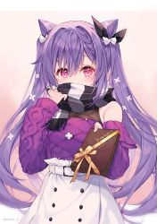 Rule 34 | 1girl, belt, bow, box, braid, breasts, character name, commentary, covered mouth, eikaa, foreshortening, genshin impact, gift, gift box, gradient background, hair bow, high-waist skirt, holding, keqing (genshin impact), keqing (lantern rite) (genshin impact), long hair, long sleeves, looking at viewer, pink background, purple hair, scarf, single braid, skirt, solo, twintails, twitter username, upper body, white belt, white bow, white skirt