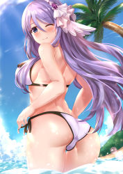 Rule 34 | 1girl, ass, bad id, bad pixiv id, beach, bikini, blue sky, breasts, closed mouth, commentary request, day, from behind, gem, hair ornament, hair over breasts, hair over one breast, halterneck, highres, long hair, looking at viewer, medium breasts, ocean, one eye closed, palm tree, princess connect!, purple bikini, purple eyes, purple hair, shizuru (princess connect!), side-tie bikini bottom, sideboob, sky, smile, solo, string bikini, swimsuit, thighs, tree, twitter username, water, watermark, yagiryu