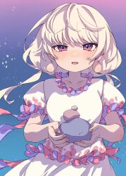 Rule 34 | 1girl, absurdres, blush, e sdss, ebisu eika, fingernails, frilled sleeves, frills, grey hair, highres, holding, long hair, looking at viewer, open mouth, red eyes, rock, shirt, short sleeves, skirt, smile, solo, touhou, upper body, white shirt, white skirt