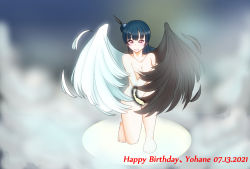 Rule 34 | 1girl, artist name, artist request, asymmetrical wings, bare legs, bare shoulders, barefoot, black feathers, black wings, blue hair, blush, breasts, cleavage, collarbone, covering breasts, covering privates, feather hair ornament, feathers, feet, female focus, full body, hair bun, hair ornament, long hair, looking at viewer, love live!, love live! sunshine!!, medium breasts, mismatched wings, parted lips, pink eyes, purple eyes, side bun, single hair bun, smile, solo, tsushima yoshiko, white feathers, white wings, wings