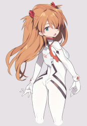 Rule 34 | 1girl, ass, blade (galaxist), blue eyes, bodysuit, breasts, brown hair, commentary request, cropped legs, evangelion: 3.0+1.0 thrice upon a time, eyepatch, from behind, gloves, grey background, hair ornament, hair over one eye, long hair, looking at viewer, looking back, neon genesis evangelion, open mouth, plugsuit, rebuild of evangelion, simple background, small breasts, solo, souryuu asuka langley, two side up, very long hair, white bodysuit, white gloves