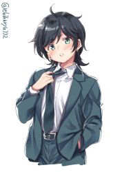 Rule 34 | 1girl, adjusting clothes, adjusting necktie, alternate costume, belt, black hair, blush, commentary request, earrings, ebifurya, green eyes, hair between eyes, hand in pocket, highres, jewelry, kantai collection, long sleeves, looking at viewer, matsukaze (kancolle), messy hair, necktie, one-hour drawing challenge, open mouth, shirt, short hair, simple background, solo, standing, tomboy, twitter username, vest, white background, white shirt